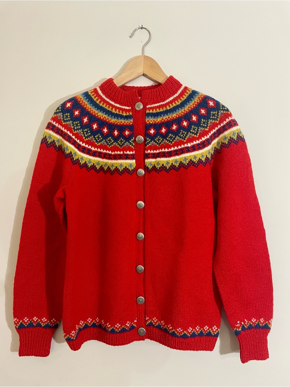 Vintage Cherry Red Hand Knit Norwegian Fair Isle Wool Cardigan Medium Sweater